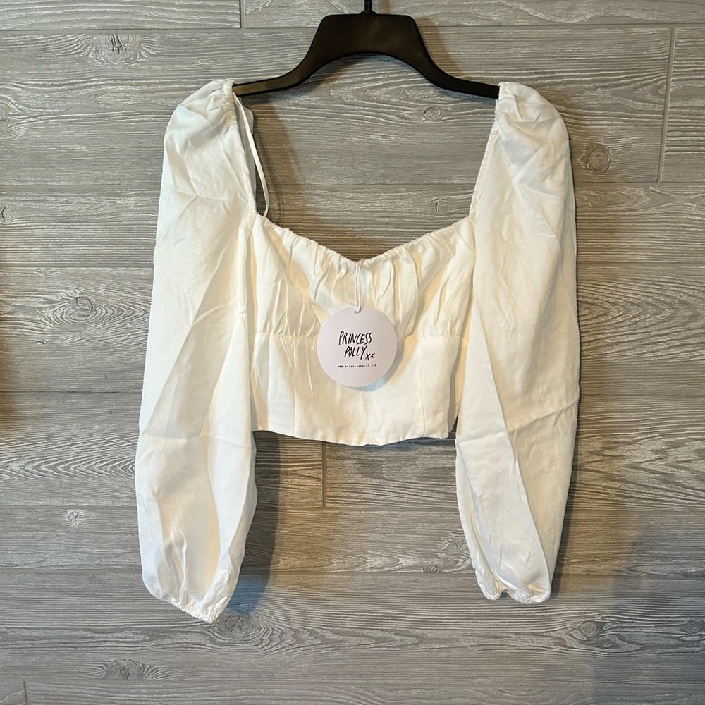 Princess Polly White Square Neck Long Sleeve Ruched‎ Crop Top Size 6